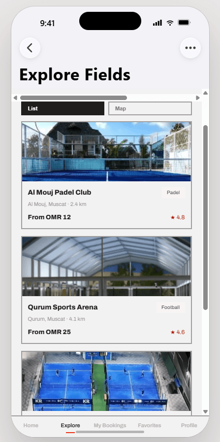 Malaab app — explore fields screen