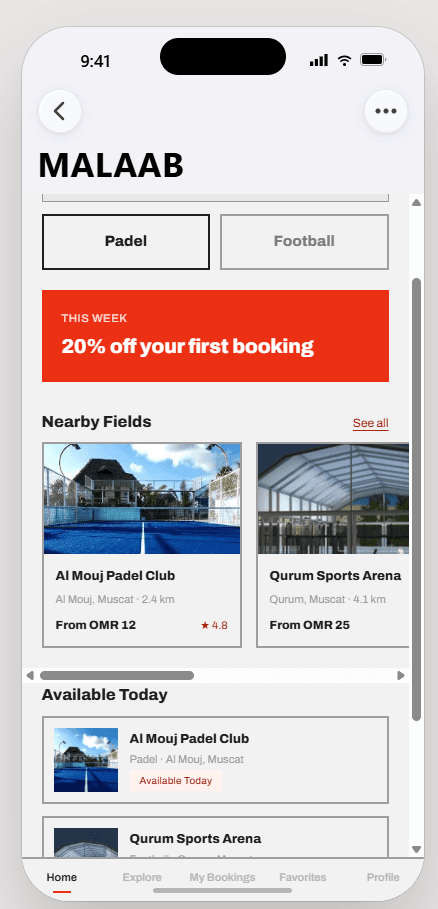 Malaab app — home screen